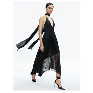 Alice + Olivia Hannah Black Halter V-Neck Pleated Lace Sash Neck Maxi Dress 14